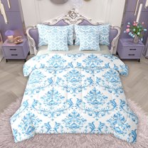 Homewish Vintage Western Damask Bedding Comforter Set 7pcs for Adult, White Blue Flower Print King Bedding Sets, Boho Mandala Reversible Bed Sheets, Ultra Soft Bedroom Decor