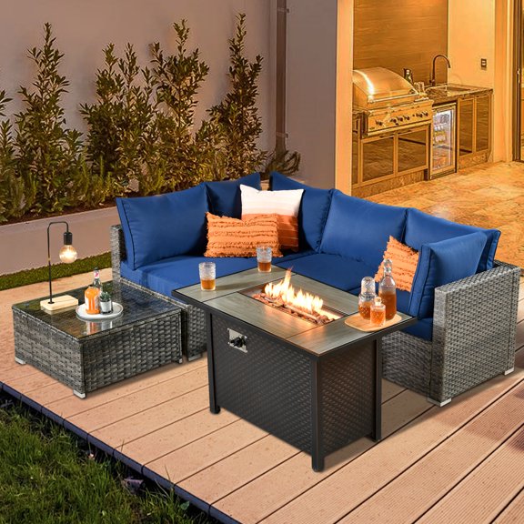 XIZZI Patio Conversation Set 6 PCS Wicker Furniture Set with Propane Fire Pit Table,Blue