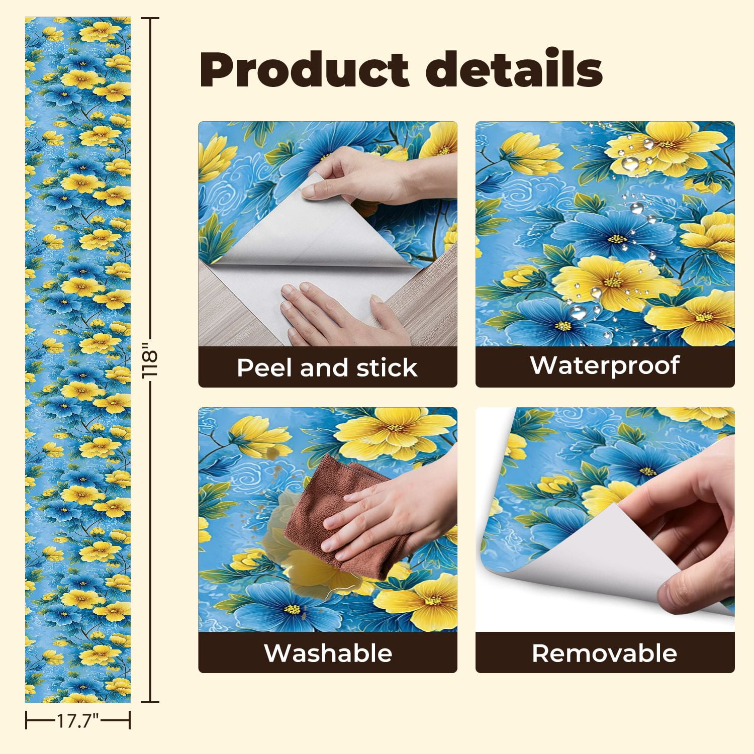 Flower Peel and Stick Wallpaper 17.7in x 9.8ft Blue Yellow Floral Soft Blue Contact Paper Vinyl Waterproof Self Adhesive Wall Paper for Bedroom Shelf Cabinet Renter Friendly