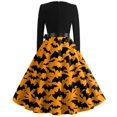 thumbnail image 3 of Vestido vintage de Halloween para mujer, vestido de fiesta con estampado de murciélago y calabaza de manga larga, corte en A y cinturón, 3 of 3
