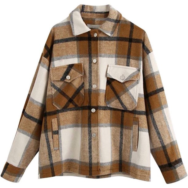 Chaqueta de manga corta para mujer, estilo vintage, con botones, mezcla de lana, a cuadros, para camisa 03 Camel XS 03 Camel XS Xishao ropa