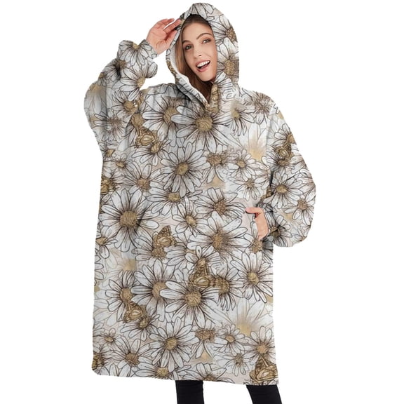 Oversized Wearable Blanket Hoodie,Beige Daisy Pattern Sherpa Blanket Hoodie with Super Pockets,Super Warm Fuzzy Pullover for Women & Men