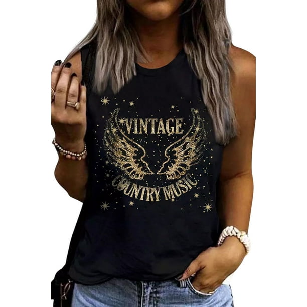 Women's Black Vintage Country Music Wing Glitter Print Tank Top