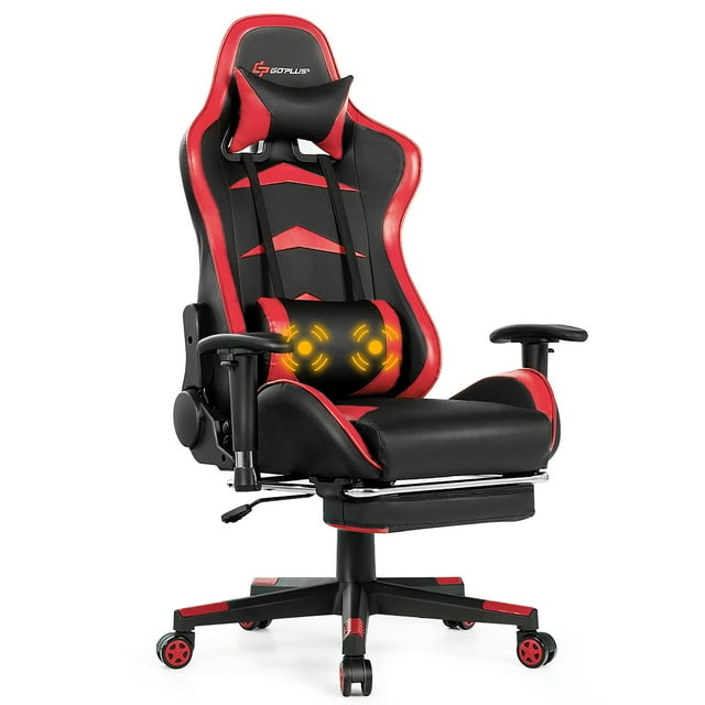 Goplus Chaise de Jeu de Massage Inclinable Pivotante de Course Chaise de Bureau avec Repose-Pieds Rouge