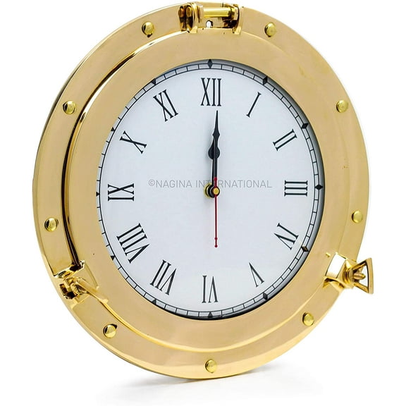 Nagina International Premium Nautical Brass Porthole Clock | Pirate Ship's Elegant Metal Roman Dial Face Wall Clock | Home Decorative Gifts (20 Inches)