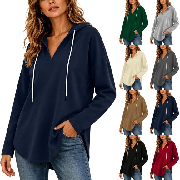 Tbopshirt Hoodies for Women V-neck Hooded Sweatshirt Long Sleeved Drawstring Hooded Pullover Casual Loose Fall and Winter Curved Hem Sweatshirt,S-XXL