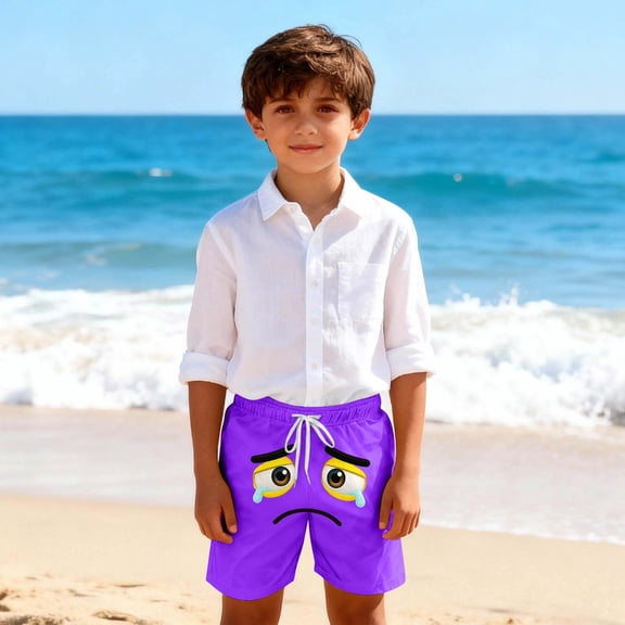 ITSAME Swim Trunks for Boys, Elastic Waist Loose Fit Funny Expression Print Summer Casual Trendy Beach Shorts Purple 11T