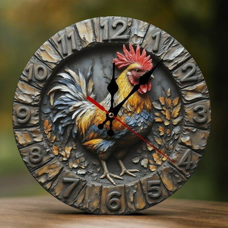 Wall Clock Decorative - Vintage Rooster Print 2D Vintage Wall Clocks Battery Operated Silent Non-Ticking for Bedroom, Living Room, Kitchen, Office, Classroom, 10 Inch