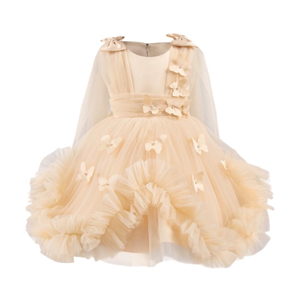 Odeerbi 1-9 Años Niñas 3D Mariposa Tul Vestido de Manga Larga Ruffle Alto Vestido de Princesa Bajo Para La Fiesta de Boda Cumpleaños