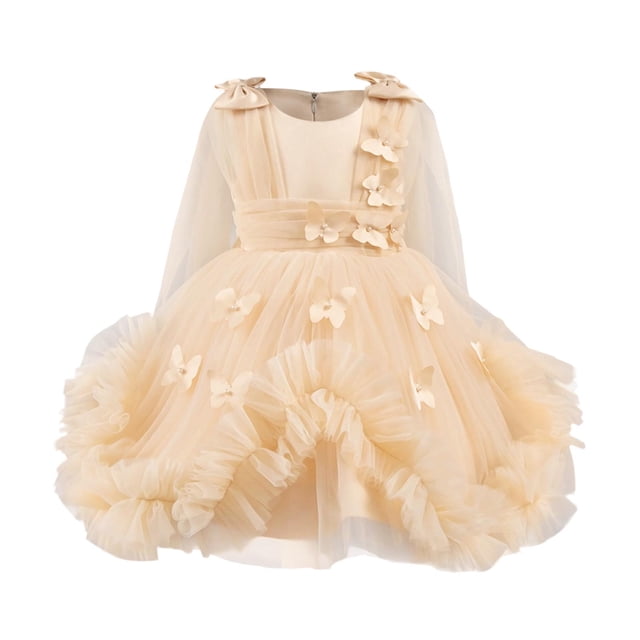 Odeerbi 1-9 Años Niñas 3D Mariposa Tul Vestido de Manga Larga Ruffle Alto Vestido de Princesa Bajo Para La Fiesta de Boda Cumpleaños