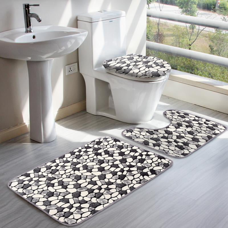 3PCS Zen Bamboo Non-Slip Bathroom Carpet Pedestal Rug+Toilet Cover+Bath Mat Set 