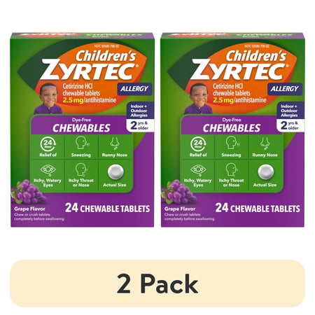 (2 pack) Children's Zyrtec 24 Hr 2.5 mg Allergy Chews for Ages 2+, Grape, 24 Count