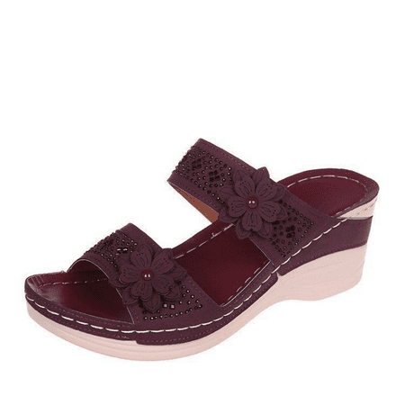 

Women‘s Floral Rhinestone Wedge Slippers Retro Open Toe Non Slip Arch Support Slides Shoes Outdoor Beach Slippers
