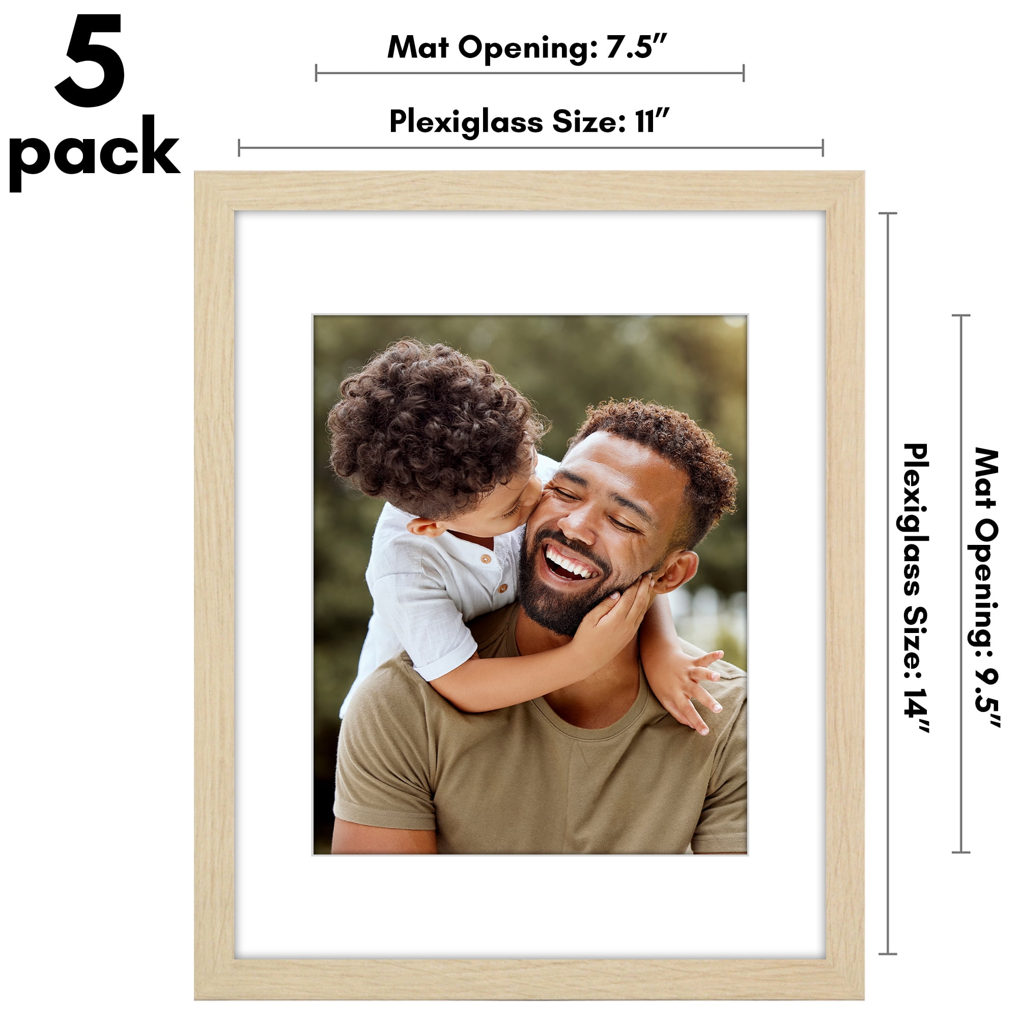 Americanflat 11x14 Picture Frame with Polished Plexiglass with 8x10 Mat 5 Pack Display Photo - Natural Oak
