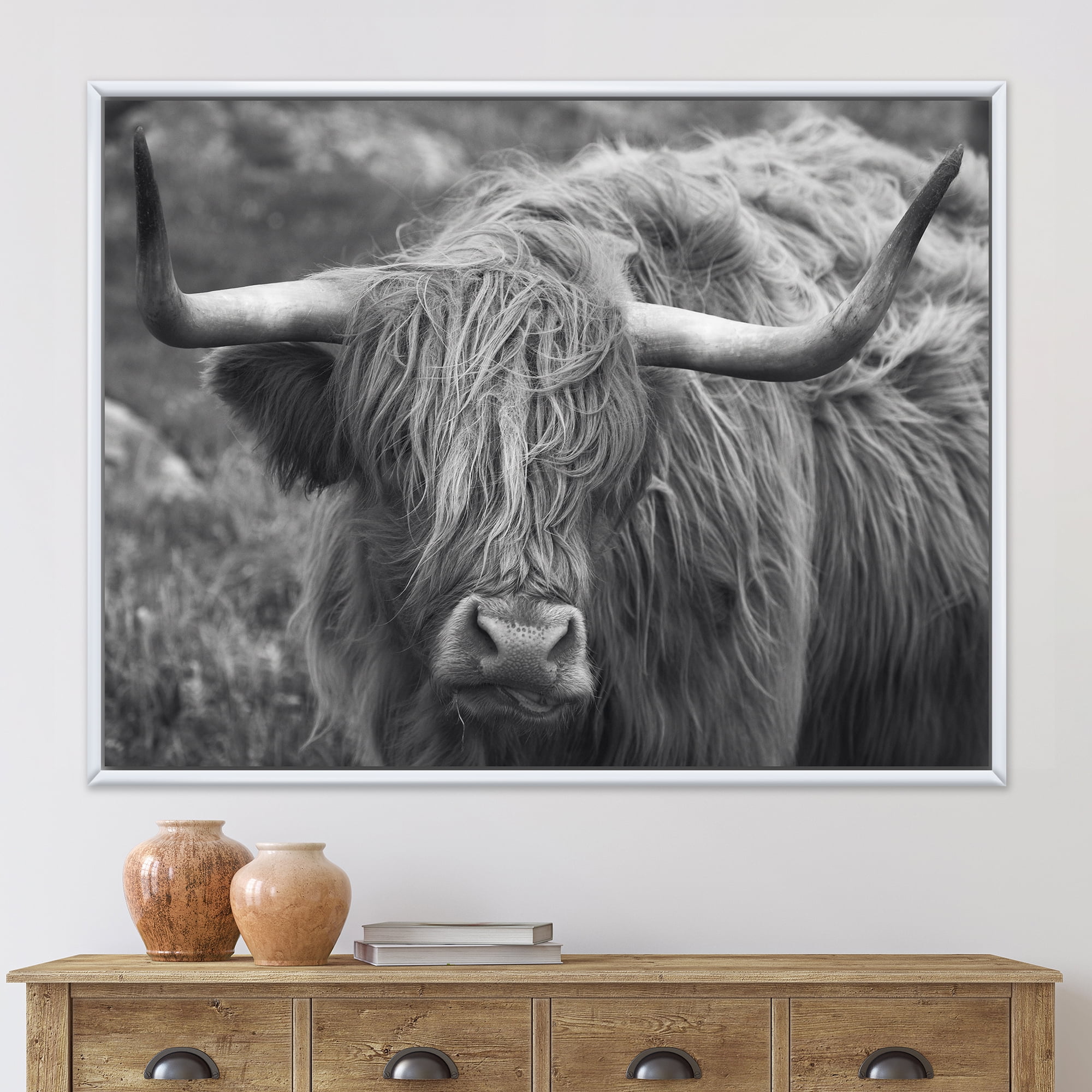 Designart 'Close Up Of Scottish Cow On Moorland I' Farmhouse Framed Canvas Wall Art Print