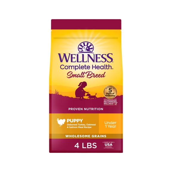 Wellness Complete Health Puppy Dry Dog Food, Small Breed, Wholesome Grains, Natural, Chicken, Oatmeal, & Salmon Recipe, (4-Pound Bag)