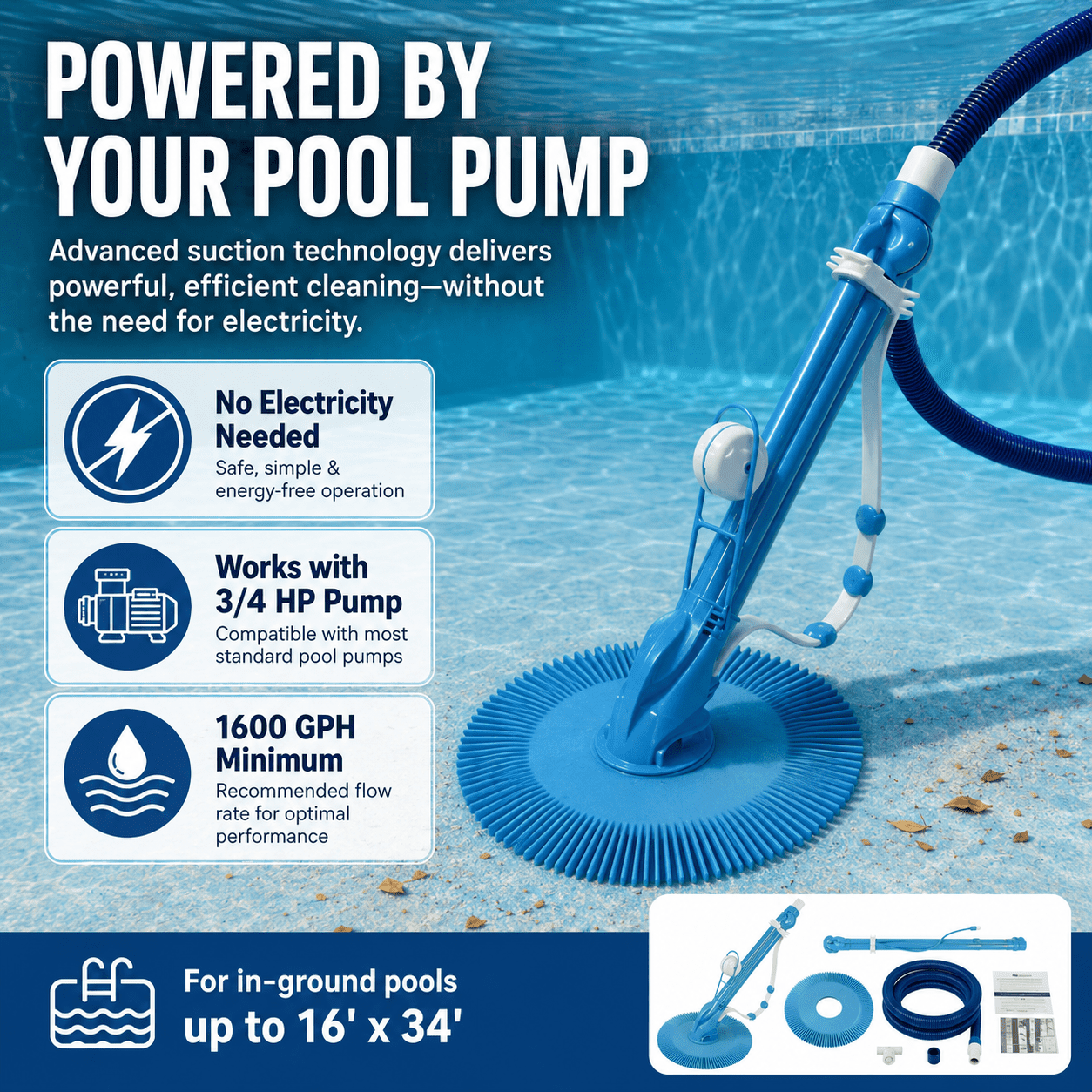 Alvantor Automatic Suction Pool Cleaner with 10 Hoses, No-Electric Pool Vacuum Cleaner for Above-Ground & Inground Swimming Pool