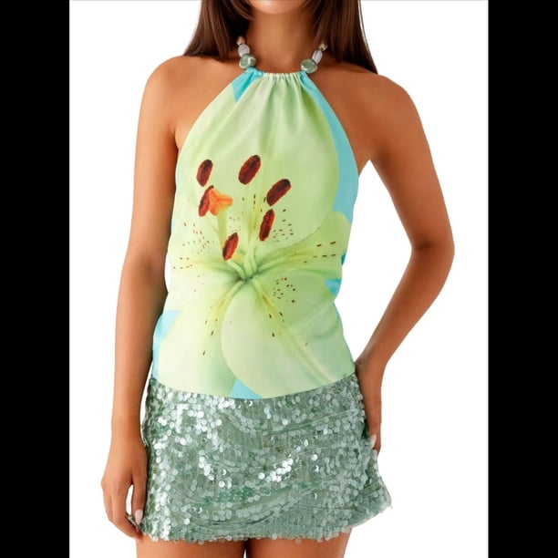 Top Corto Sin Mangas con Cuello Halter Y2K para Mujer, Estampado Floral, Espalda Abierta, Estilo Urbano de Verano Verde S