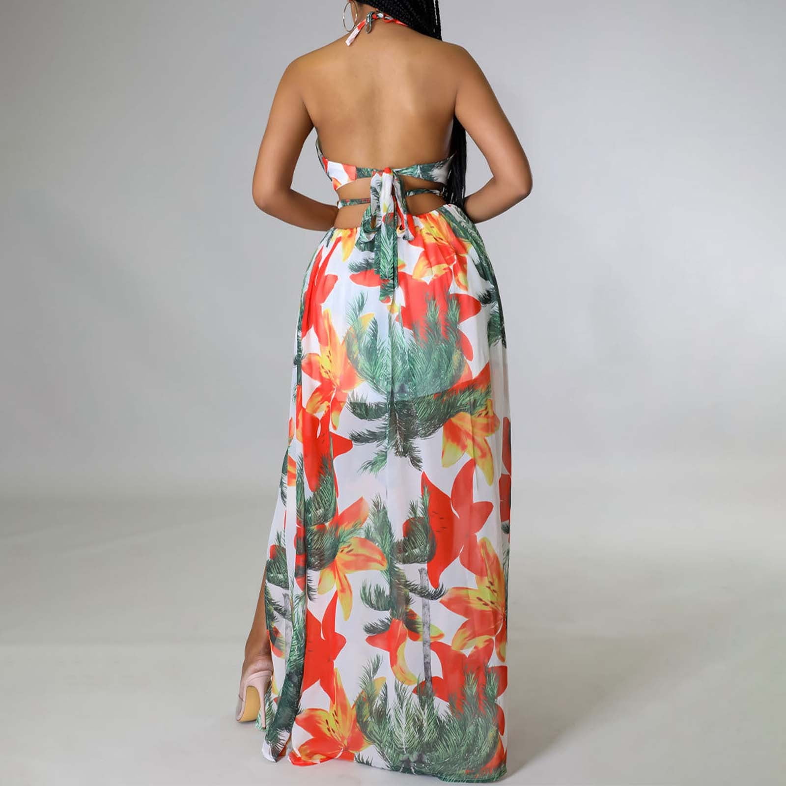 Jamsmile Womens Dress Summer Chic Halterneck Floral Print Spaghetti Strap Maxi Dresses Flowy Beach Party Slit Boho Sundress