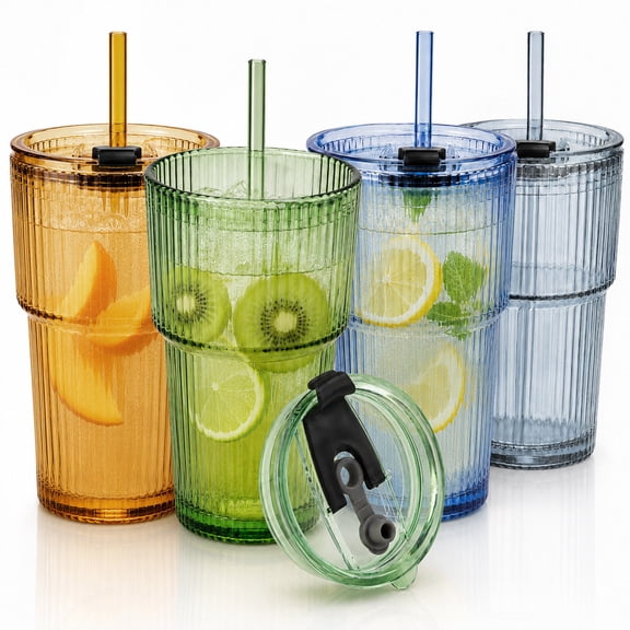 4-Piece Colored Ribbed Glass Cups with Lids and Straws, 20oz Vintage Drinking Glasses Iced Coffee Cups, Leak-proof Reusable Glass Tumbler for Beer, Tea, Cocktails, Ribbed Glassware Set