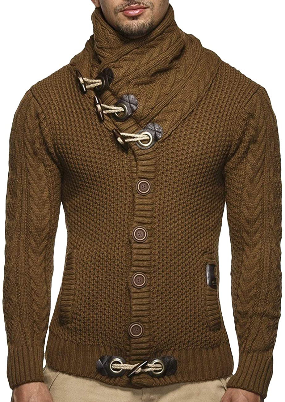 Men's Fall Winter Casual Knitted Turtleneck Cardigan Leather Buckle ...