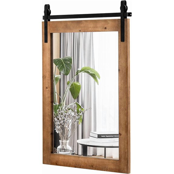 BOBOKY Rustic Farmhouse Wall Mirror, 22 x 30 Inch, Barn Door Style with Wood Frame & Metal Bracket, Wall-Mounted Decorative Mirror for Bathroom, Living Room, Entryway,Rustic Brown