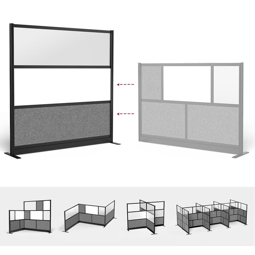 Luxor Workflow Modular Wall Room Divider System - Black Frame - 70" x 70" Wide Panel Starter Wall with Whiteboard, Freestanding