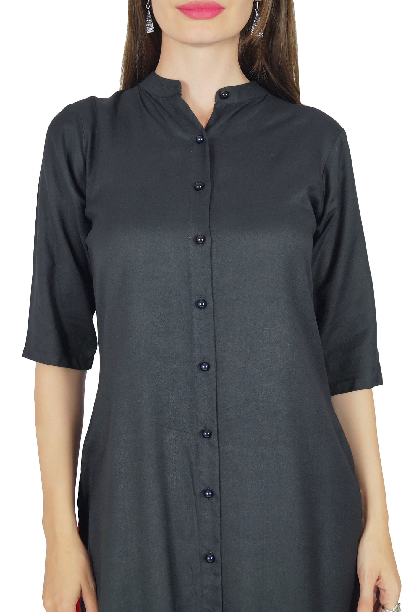Bimba Women's Black Rayon Kurta Kurti - Button Down Formal Tunic Blouse With 3/4 Sleeves
