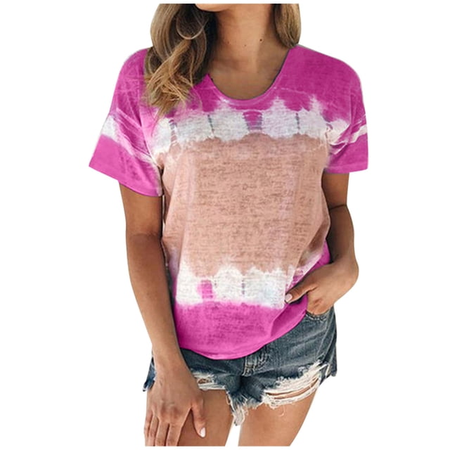 outfmvch T-Shirts pour Femmes Printemps Été Col Rond Manches Courtes Imprimé Grande Taille Hauts pour Femmes Rose Vif