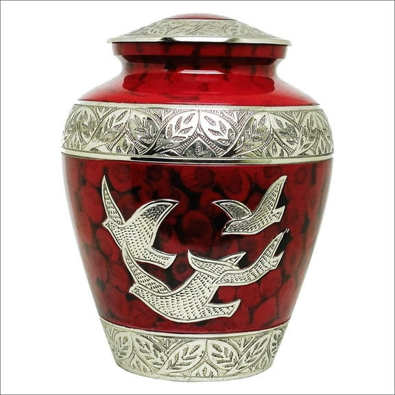 Ample Cremation Urn-Red Cremation Urn with Delicate Butterflies and Flowers (Size=11x7 In)