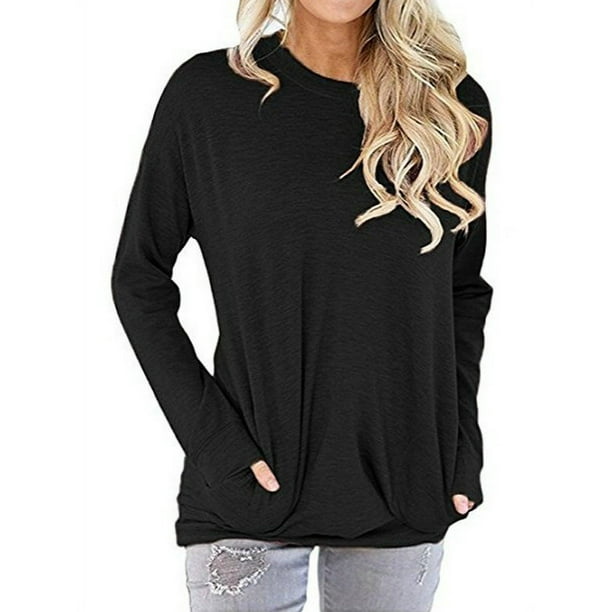 Joinnvt Women's Long Sleeve Round Neck Solid Color Shirts Blouses Tops ...