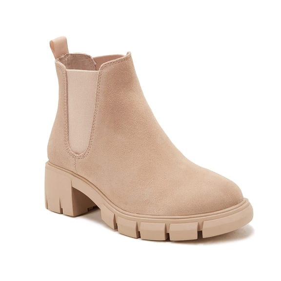 Women  slip-on Chelsea boots with a chunky block heel and non-slip serrated sole.