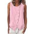 thumbnail image 2 of Sheghy Plus Size Tank Tops for Women 100%Cotton Linen Blend Crew Neck Shirt, Loose Sleeveless Tank with Decorative Buttons Pink XL, 2 of 8
