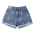thumbnail image 2 of Girls Bow Embroidered Denim Shorts, High Waist Rolled Hem Jean Shorts for Summer Daily Wear and Outdoor Activities Light Blue 10Y, 2 of 7