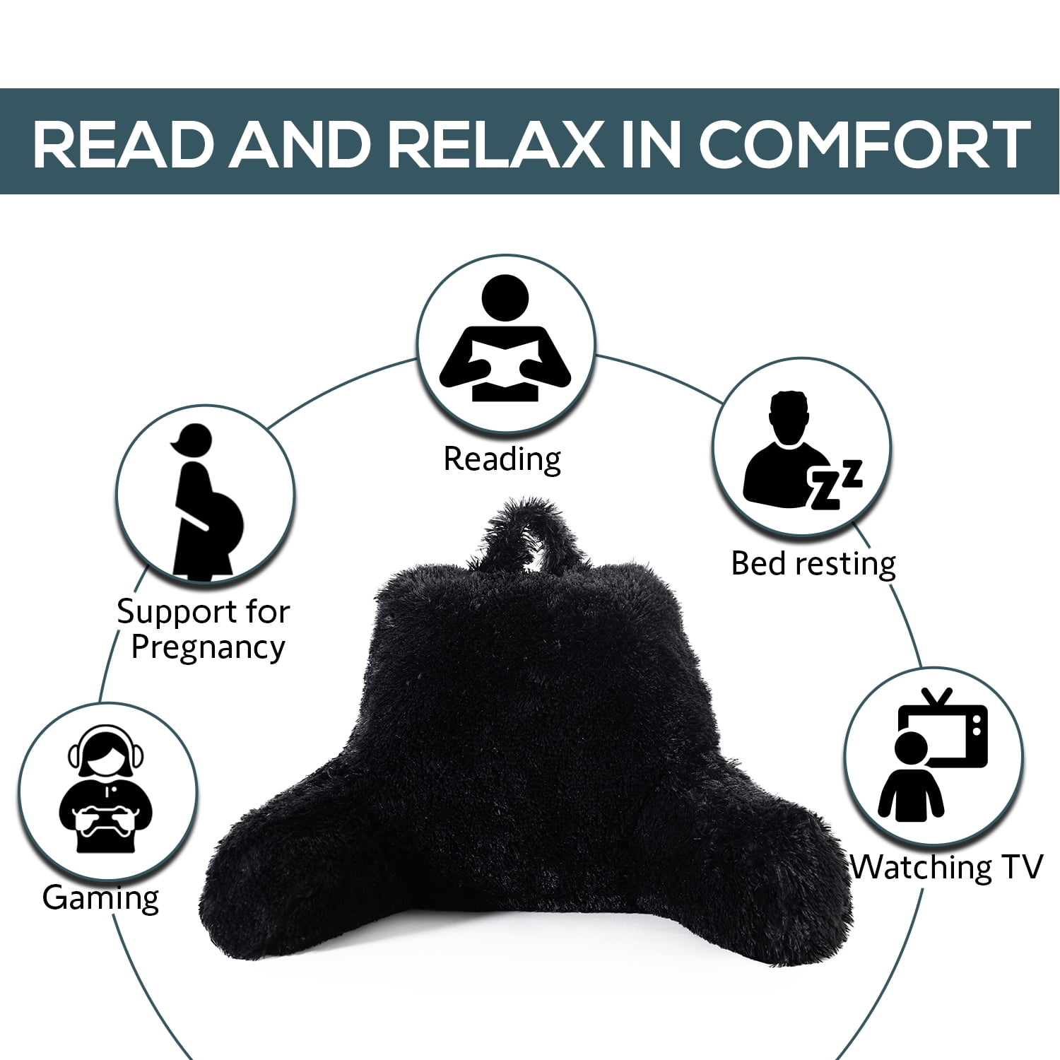 Cheer Collection Shaggy Hair TV and Reading Pillow, Black