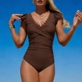 thumbnail image 5 of Minjewel Women's Slimming One-Piece Swimsuit with Ruched Tummy Control, Solid Color Bathing Suit with Triangle Liner, High Waist Swimwear for Women,Coffee,2XL, 5 of 7