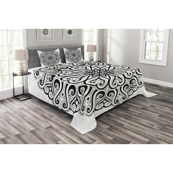 Ambesonne Mandala Quilted Bedspread Set 3 Pcs, Eastern Cosmos, King Size, Black White
