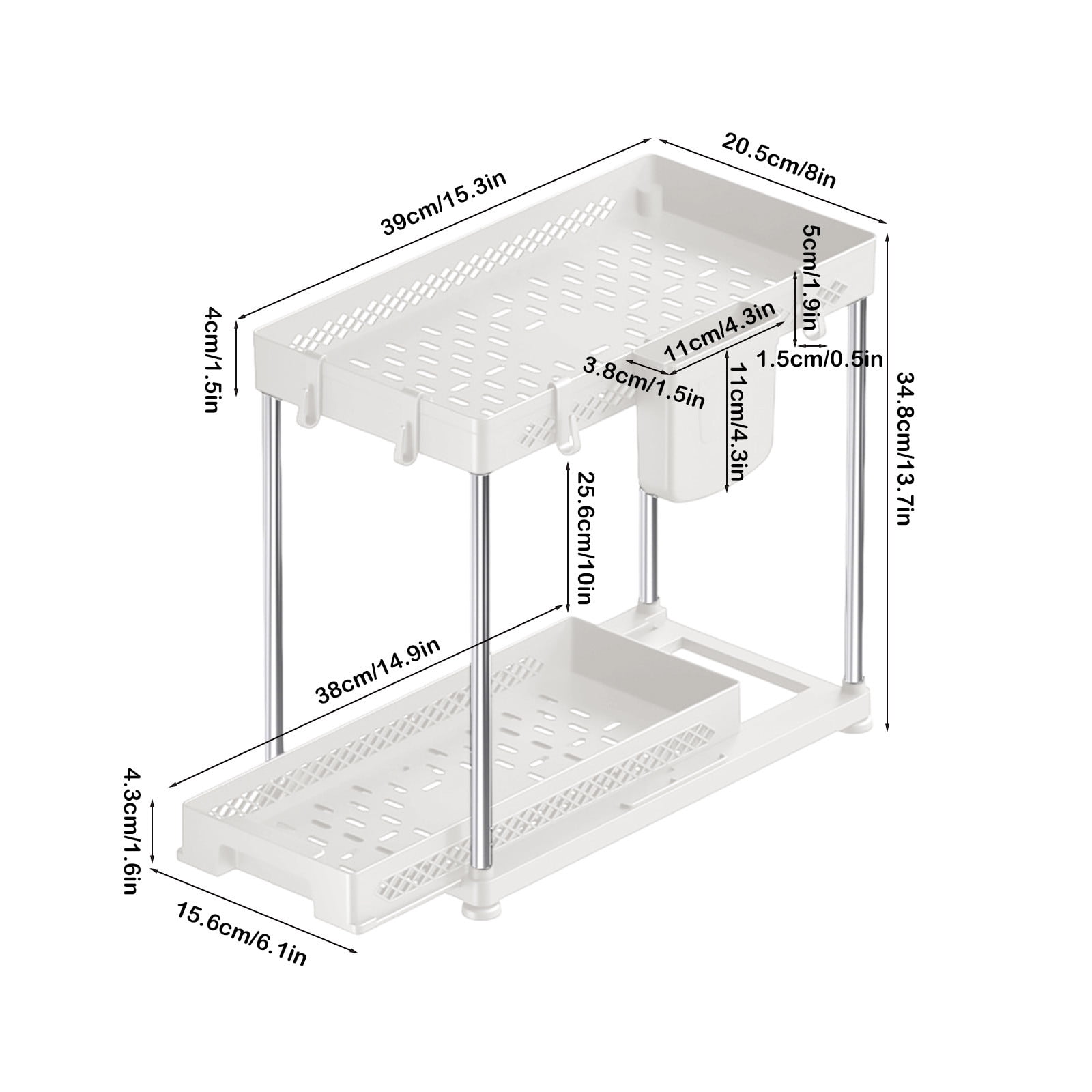 UUHYTG Pull Out Under Sink Storage Shelf Organizer Rack, Multi Functional Layered Spice and Bathroom Shelf with Hanging Hooks, Ventilated and Drainage Kitchen Cabinet Storage Solution