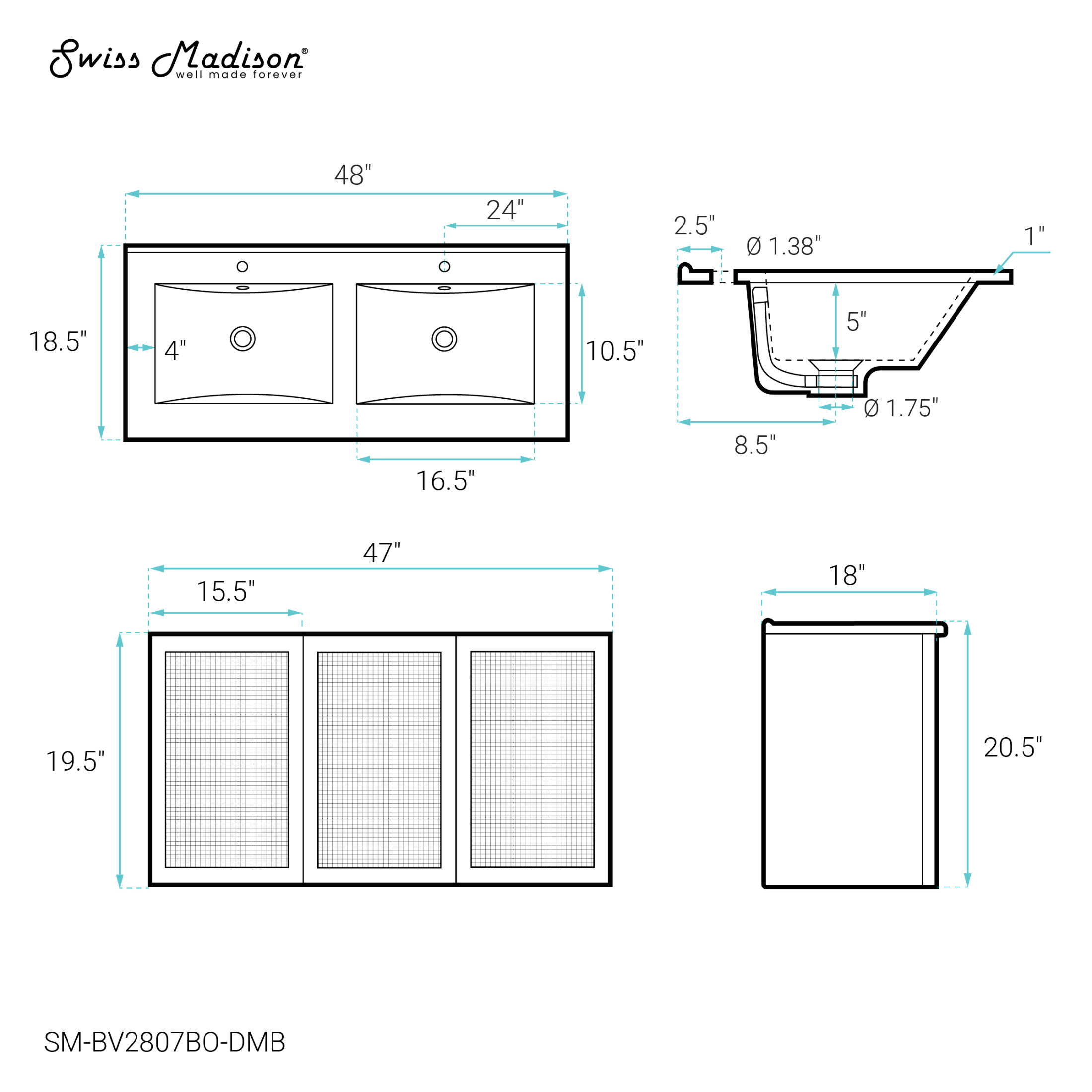 Classe 48" Wall-Mounted Bathroom Vanity in Brown Oak with Black Double Basin Sink Top