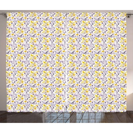 Floral Curtains 2 Panels Set Purple Leaves And Yellow Flowers