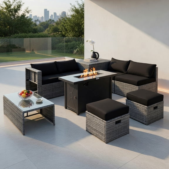Topcobe 9 Pieces Patio Furniture Set with 42 Inches 60000 BTU Fire Pit, Modern Patio Furniture Set-Black