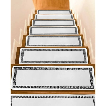 Black Geometric Stair Treads for Wooden Steps Indoor Runner Rug Carpet Modern Abstract Art Key Greek Design 7 Pieces Peel and Stick Staircase Step Treads Covers Washable Throw Door Mats 30 x8