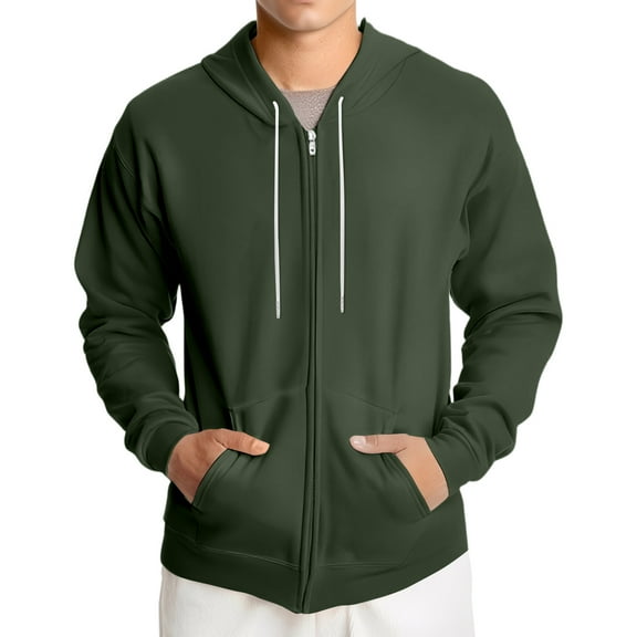 Dwralegc Men's Fashion Hoodies Long Sleeve Full-Zip Hooded Sweater Lightweight Drawstring Casual Hoodies Fall Solid Color Athletic Coat with Pocket Army Green 2XL
