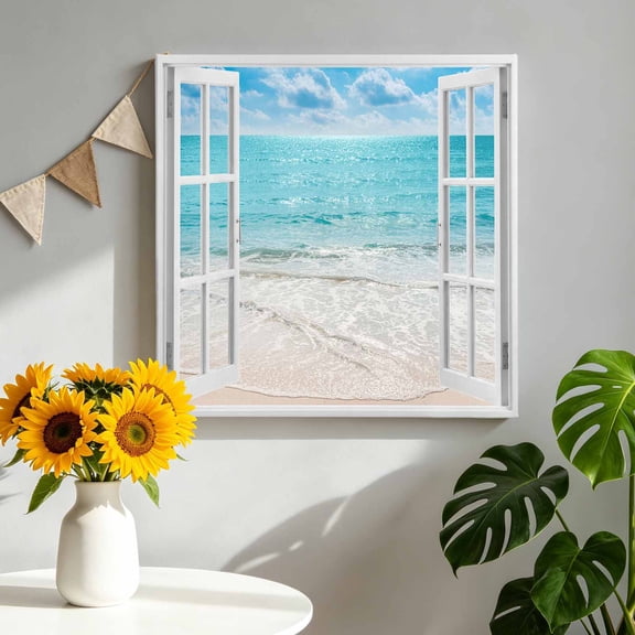 Window View Canvas Wall Art, Summer Coastal Sky Blue Ocean White Waves Sandy Beach Pictures Wall Decor Wooden Framed Artwork Art Prints for Living Room Hallway Bedroom Office 12"x12"