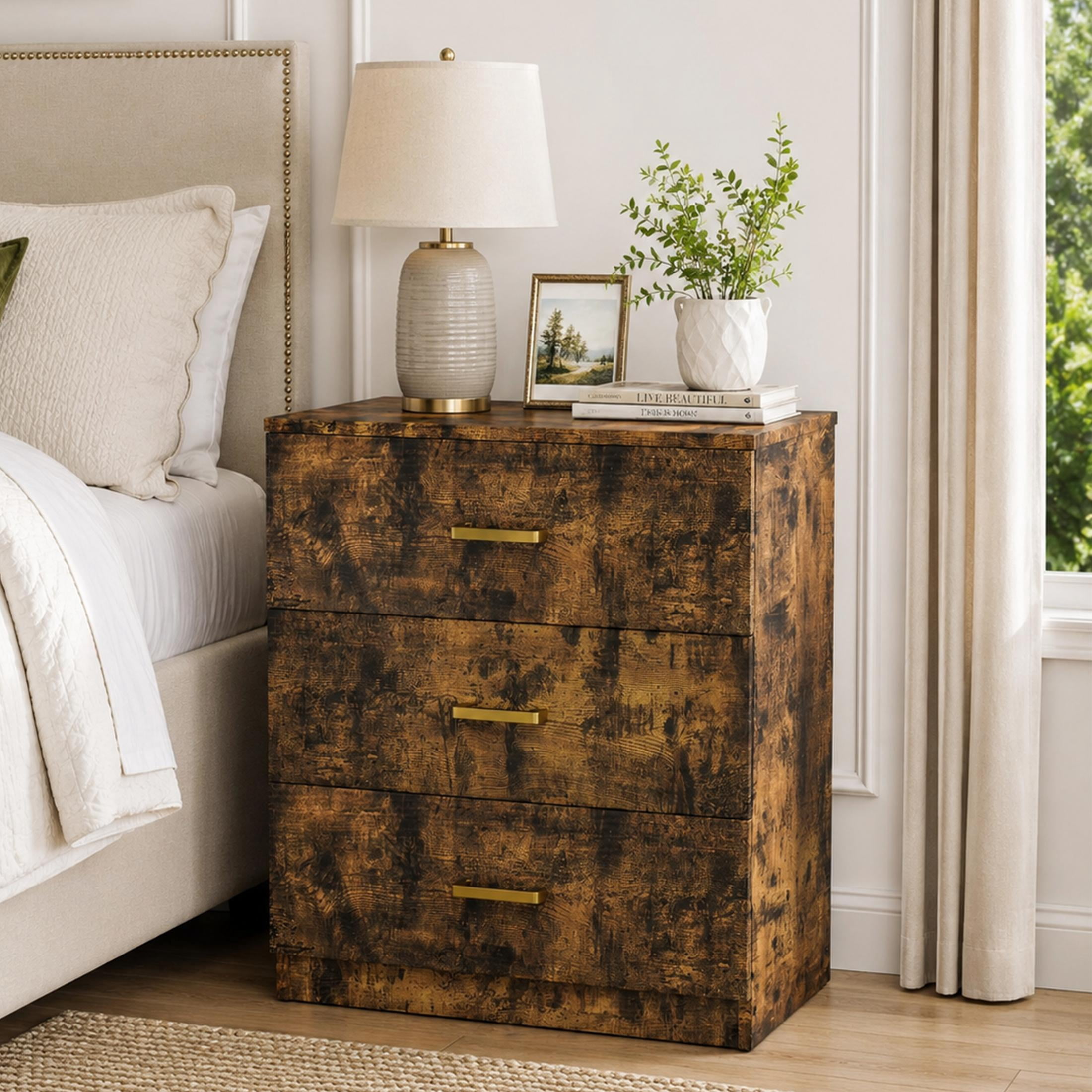 UHOMEPRO Nightstand, Modern 3 Drawer Nightstand, Brown Nightstand with Gold Handle, Wooden Bedside Storage Cabinet Unit for Bedroom/Small Space