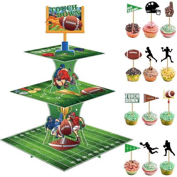 Natonhi Football Touchdown Cupcake Stand & Cake Toppers - 3 Tier Dessert Tower Supplies for Bowl Sports Theme Party Decorations & Football Birthday Decor