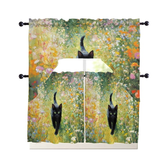 Black Cat Flowers Kitchen Curtains Set for Windows 3 Piece Cafe Curtains 24 Inch Length Swag Curtains Valances and Tier Set Modern Oil Painting Farmhouse Drapes for Bedroom Bathroom Living Room