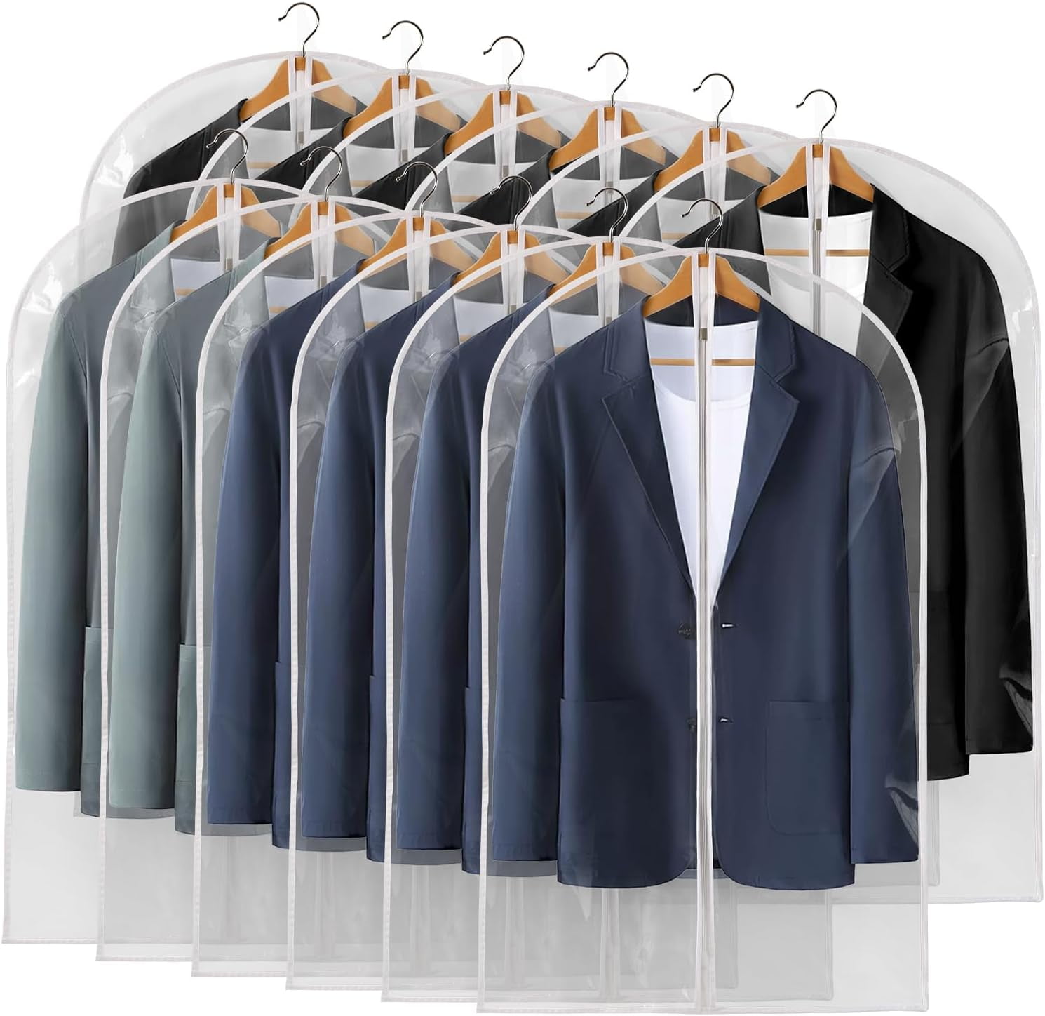 60inch (Approx. 152.4cm ) Garment Bags, Pack of 12 Transparent Clothing Bags for Hanging Clothes, Plastic Waterproof Garment Covers with Zipper, Suitable for Dresses, Coats, Uniforms (12-Piece Set)