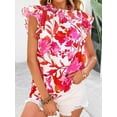 thumbnail image 4 of PRETTYGARDEN Women's Ruffle Short Sleeve Summer Tops Trendy Floral Trim Neck Casual Dressy Chiffon Boho Blouses Shirts, 4 of 6