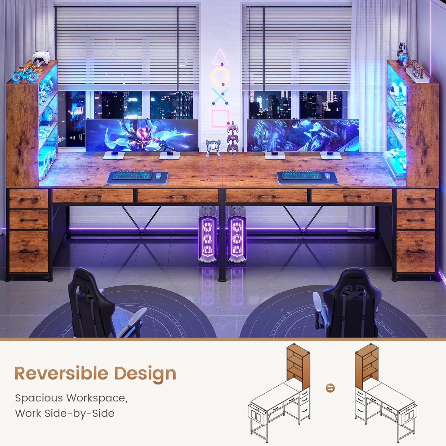 47" Home Office Desk with Bookcase & Storage Bag, Reversible Computer Desk with 5 Drawers and 3-Tier Bookshelves, Gaming Desk with Storage and Led Lights for Small Space, Rustic Brown